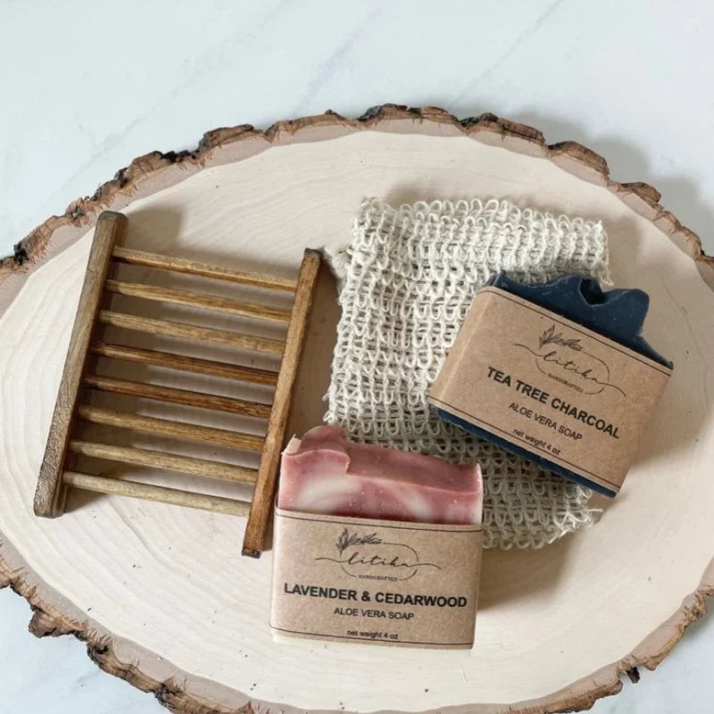 Sustainably Crafted Wooden Soap Dishes + Natural Fiber Pouches - 100% Hand-Finished - GreenBox