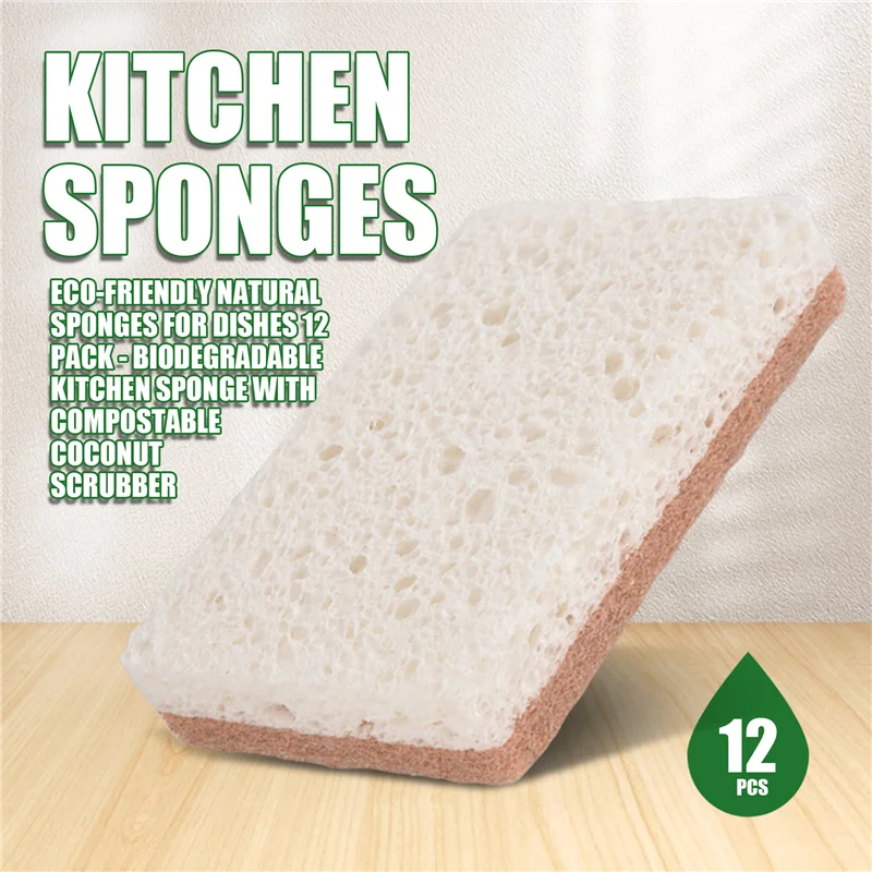 12-Pack Natural Sponges (Dual-Layer Design) - Completely Plastic-Free & Plant-Based - GreenBox